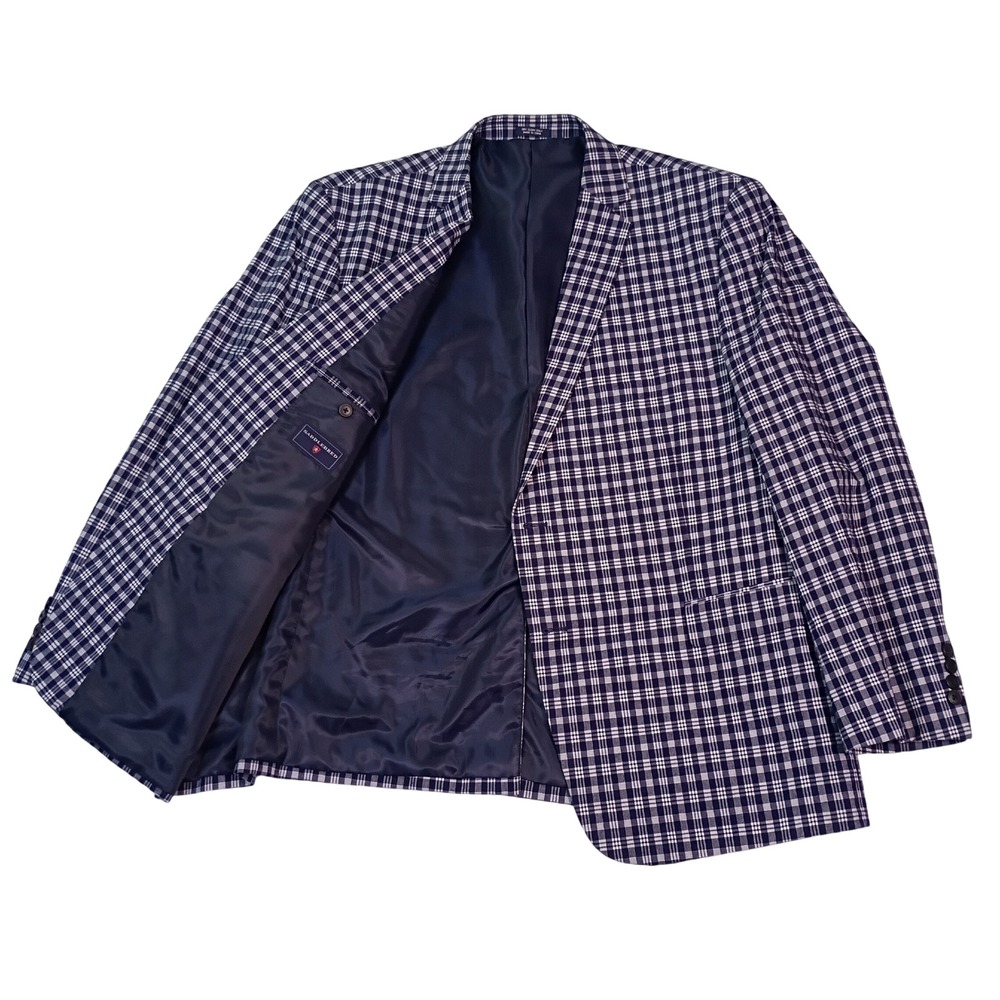 Saddlebred Mens 50R Blazer Navy White Plaid Cotton Sport Coat Two Button Jacket